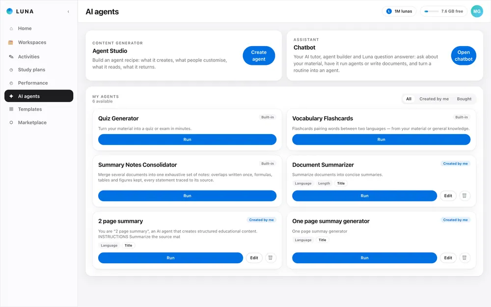 AI agents: the quiz generator, flashcards and your own agents, each with a Run button
