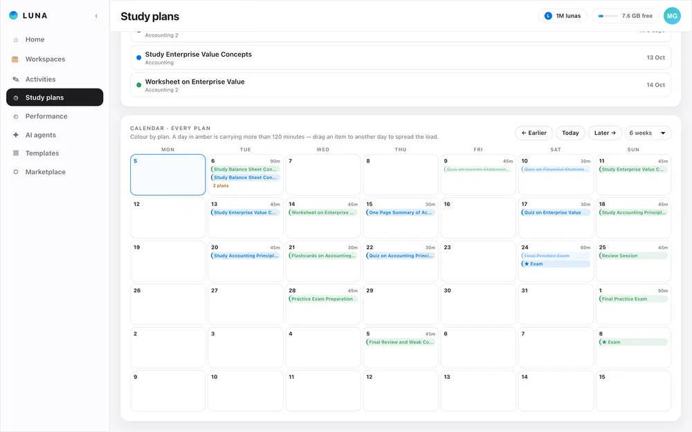Study plan calendar with the work spread over the weeks before the exam