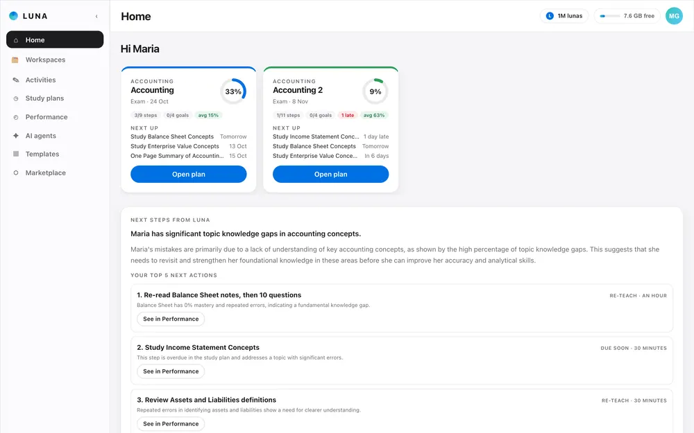 Luna home: study plans, next steps from Luna and your top actions