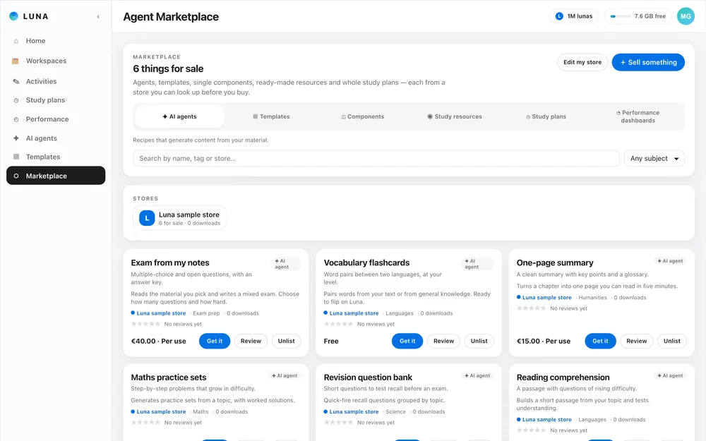 Marketplace shelves for agents, templates, components, resources and study plans (sample listings)