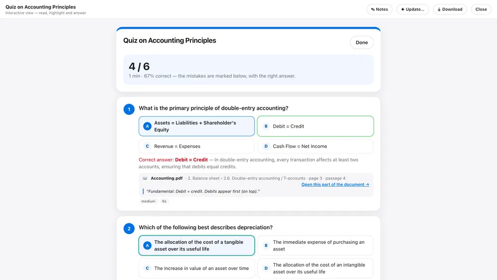A quiz after checking: each answer marked, with where it is located in your documents