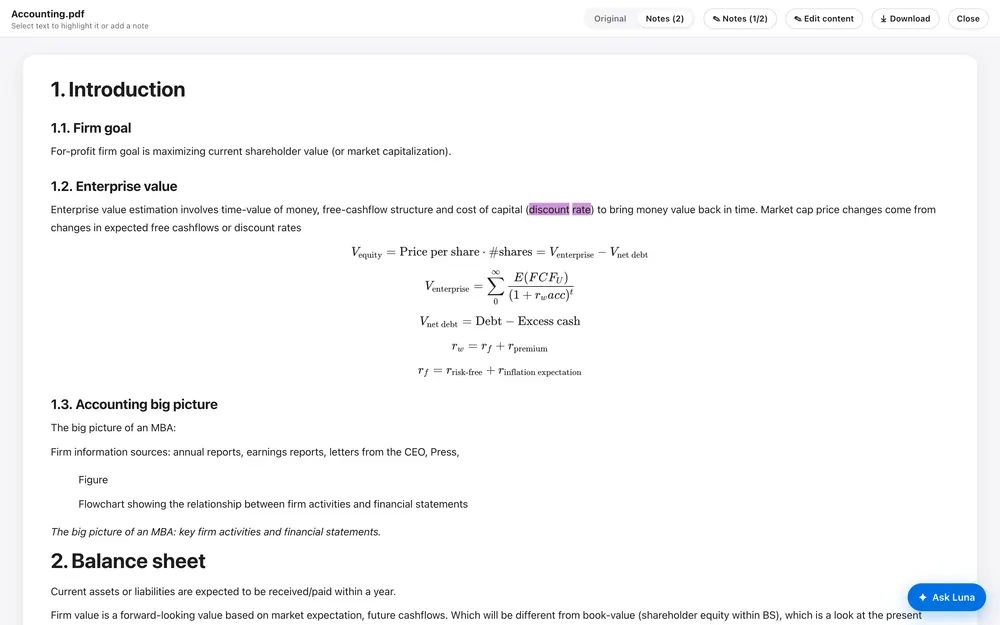 Luna reader: a document with headings, formulas and highlighted notes