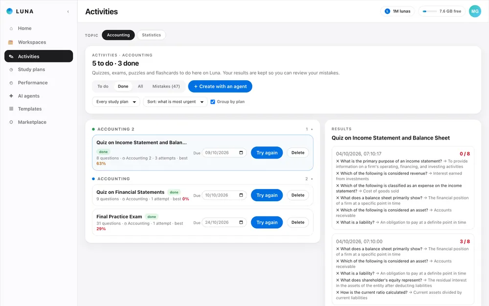 Results of an activity: attempts, score and the mistakes to review